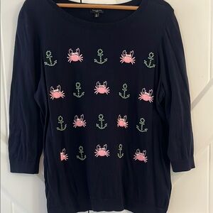 Talbots Navy Sweater with Pink Crab and Green Anchor Design
